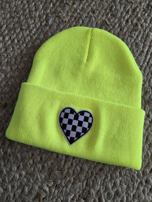 Checkered Heart Beanie, Neon Green