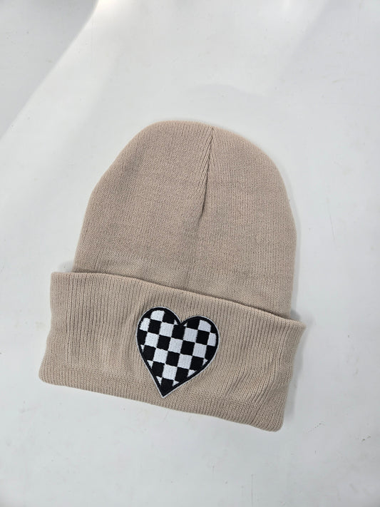 Checkered Heart Beanie, Stone