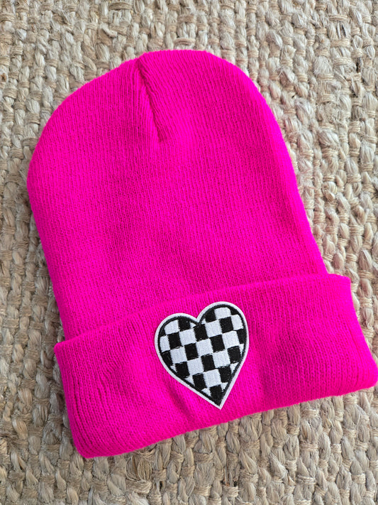 Checkered Heart Beanie, Pink