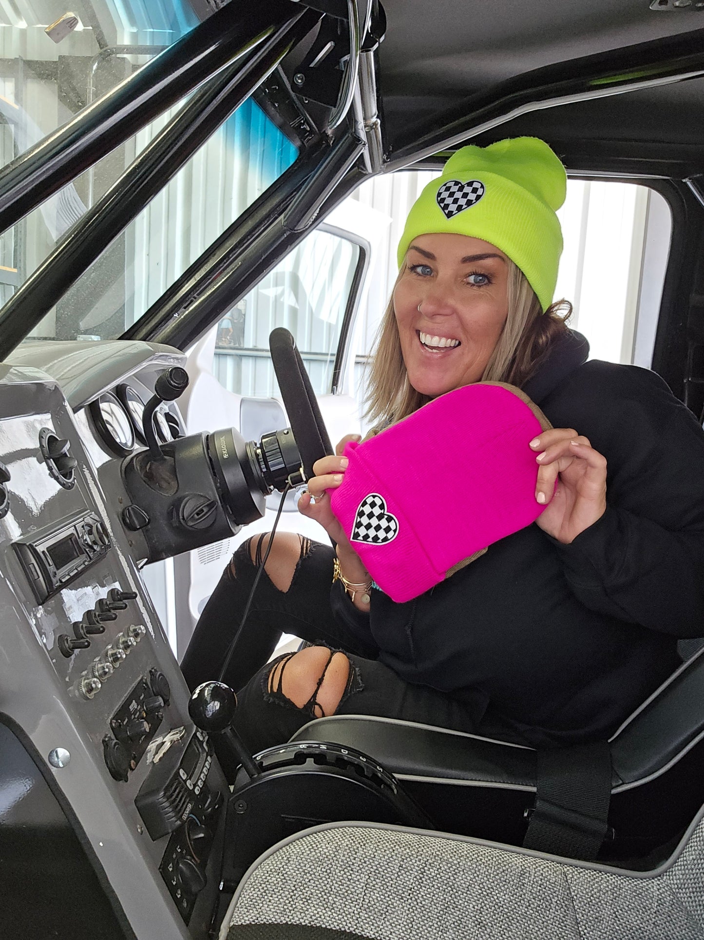 Checkered Heart Beanie, Pink