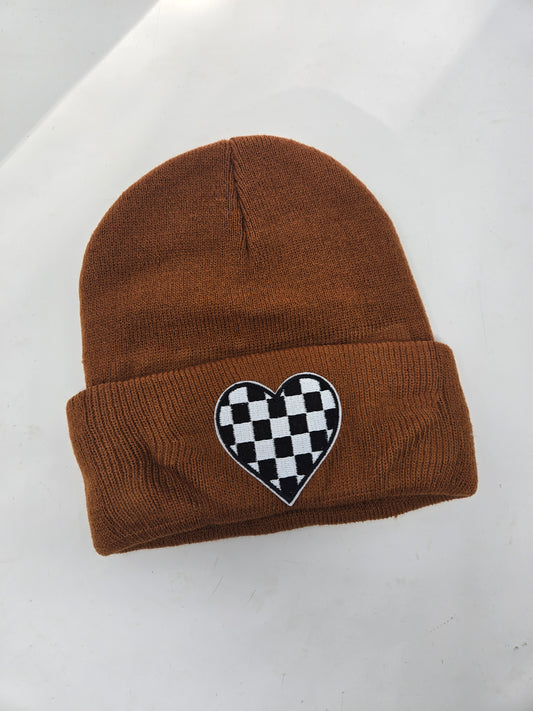 Checkered Heart Beanie, Cowhide Honey